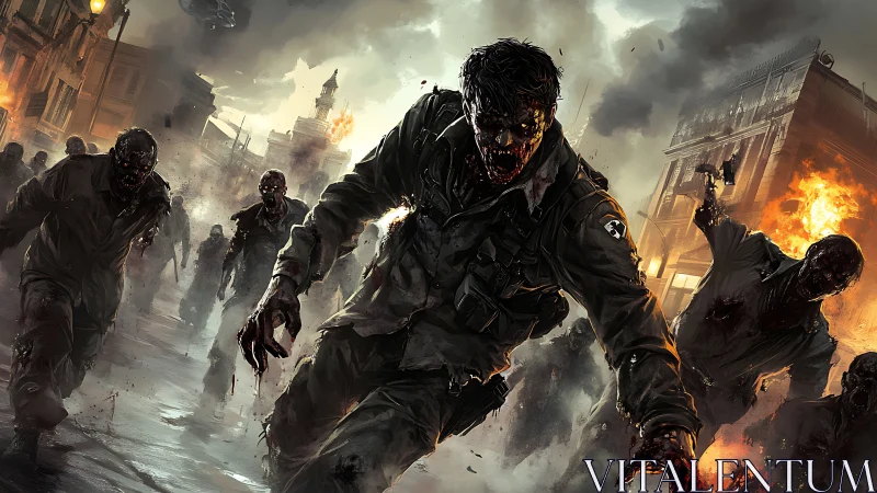 Urban military zombies advance through burning city street.