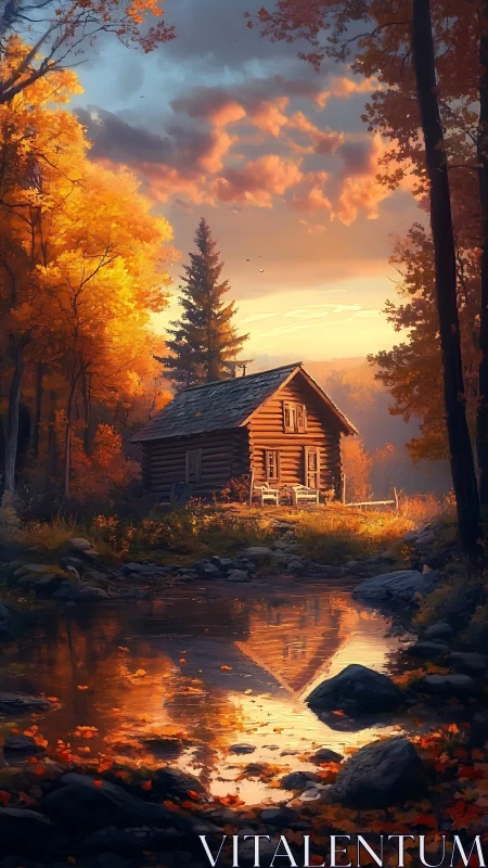 Creekside cabin drenched in honeyed autumn sunset glow.