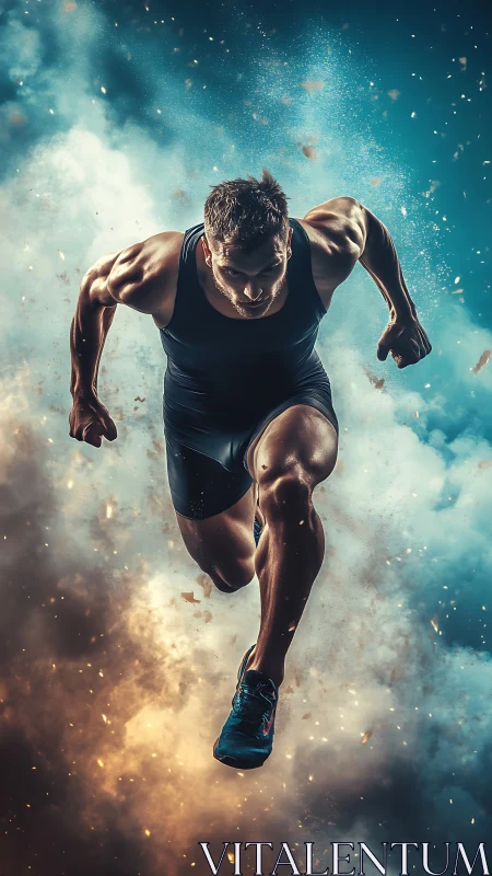 Explosive sprinter charges forward through swirling smoke.