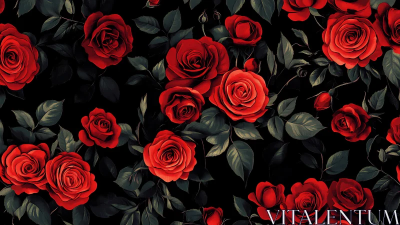 Red roses arranged against dark foliage background with layered depth
