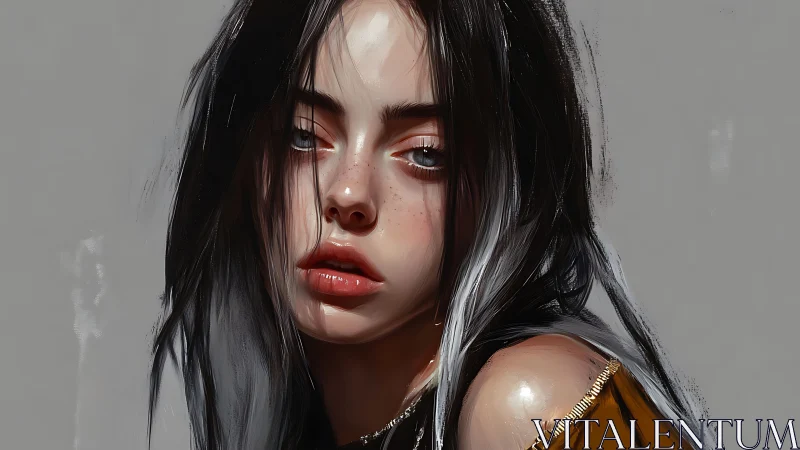 Digital portrait of young woman with dark layered hair.