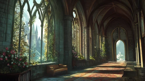Gothic stone corridor with arched windows and mountain view.