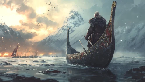 Viking warrior on carved longship before burning fjord raid.