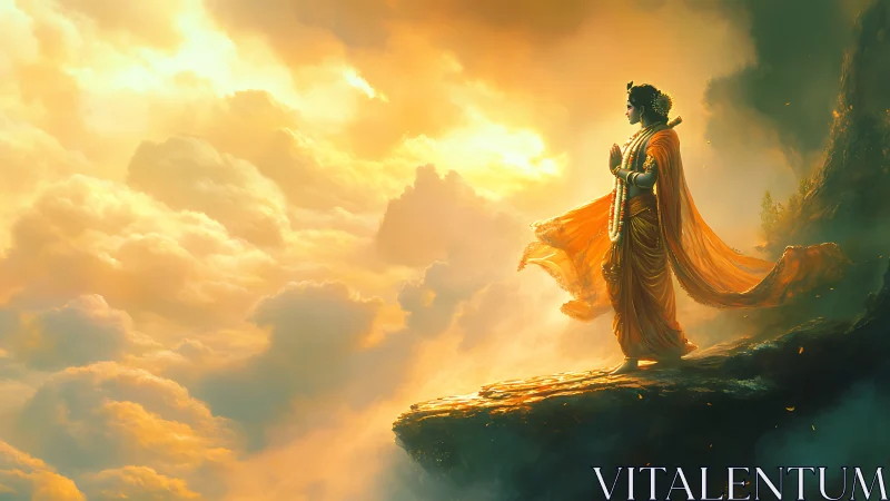 Sun-draped mystic greets the clouds from a burning horizon