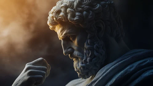 Photorealistic marble bust in dramatic chiaroscuro profile.