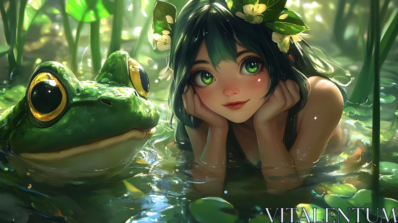 Girl and frog rest in shallow water among dense foliage