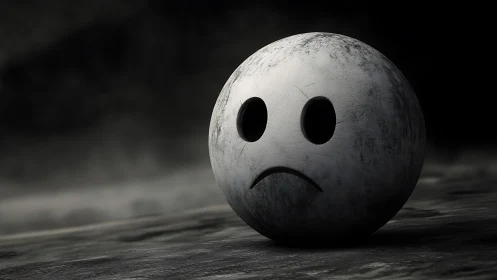 Spherical face icon on textured ground in dim lighting.