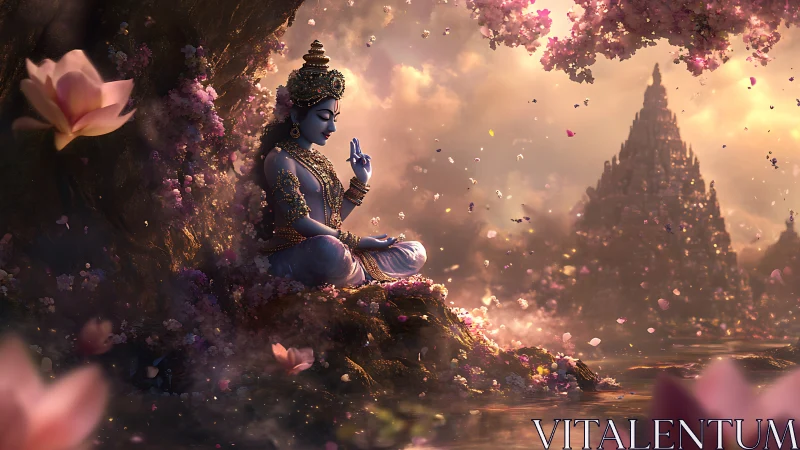 Divine blue deity meditates beside lotus lake at dawn