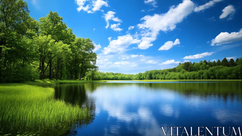 Calm forest lake reflects vivid blue sky and soft clouds.