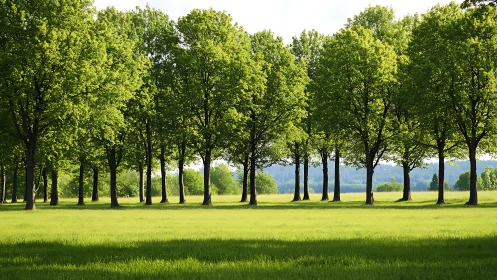 Sunlit green trees gently lining a peaceful open meadow