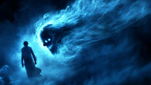 Haunting blue spirit sweeps toward a lone, brave wanderer