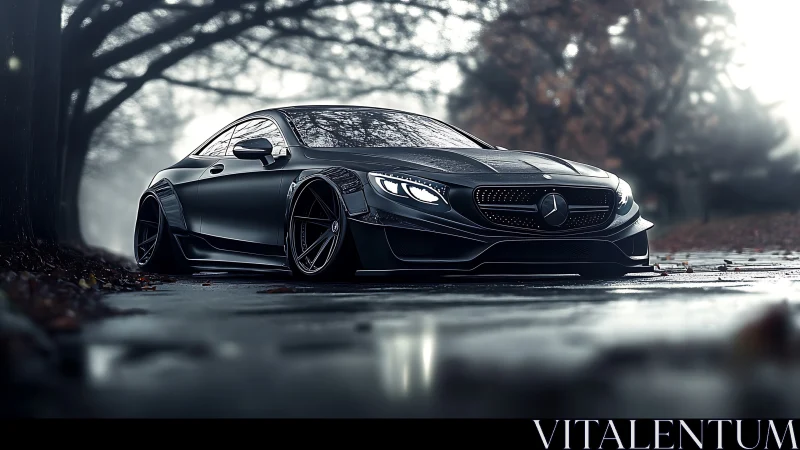 Midnight coupe prowls the misty avenue like liquid metal