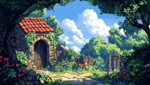 Sunlit garden path leading to a cozy stone cottage gate.