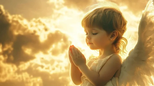 Soft-sky cherub whispers a golden prayer to the clouds