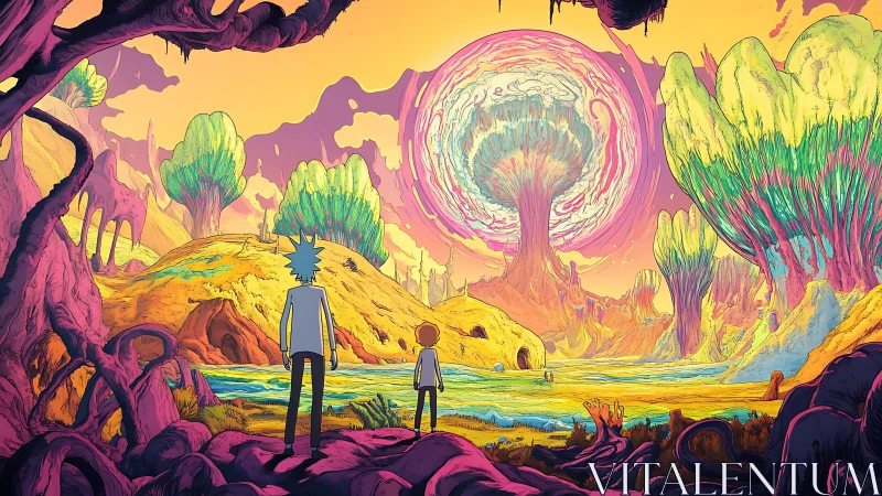 Two figures survey surreal alien valley with energy sphere.