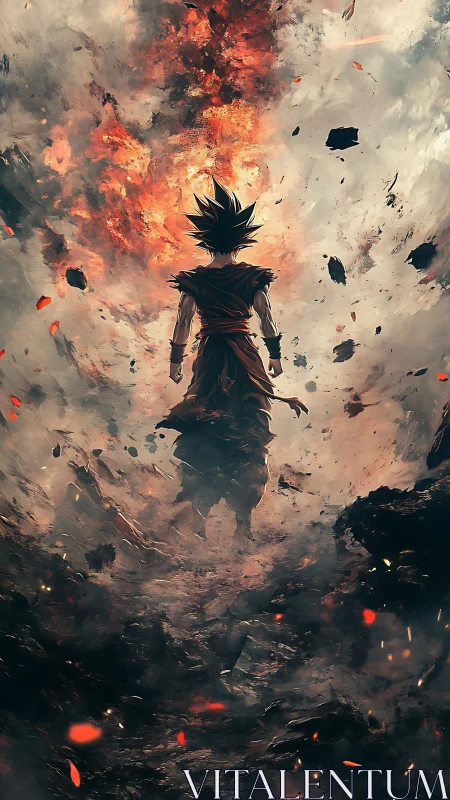 Silhouetted fighter in eruptive debris field environment.