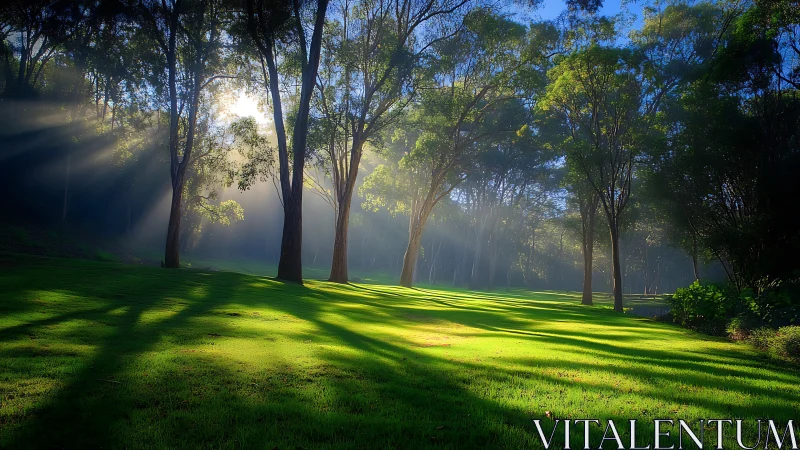 Morning sunlight casting long shadows across forest lawn.