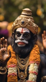 Devotional performer in Hanuman makeup with ornate garlands and crown