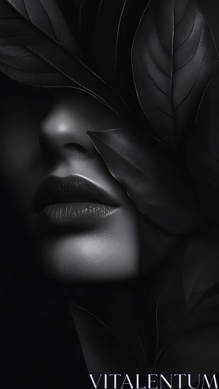 Woman’s shadowed lips emerge between sculptural dark leaves.