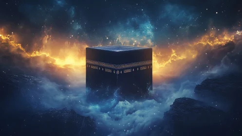 Celestial Kaaba floating amid glowing cosmic clouds.