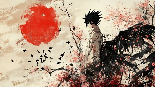 Dark-winged anime figure broods beneath a blood-red sun