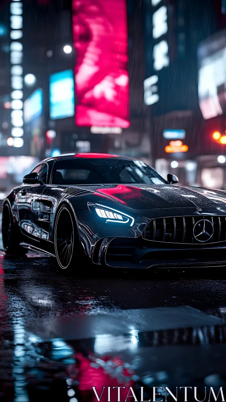 Mercedes sports car on wet neon city street at night.