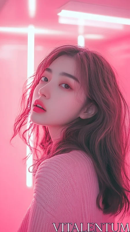 Neon pink-lit portrait with shallow depth and soft diffusion.