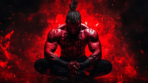 Muscular seated warrior in red-lit inferno background