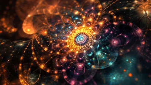 Stellar clockwork blooms into luminous cosmic mandala spiral.