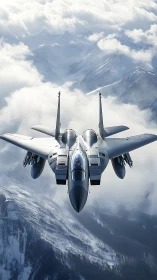 Sleek fighter jet glides calmly above snowy mountain clouds