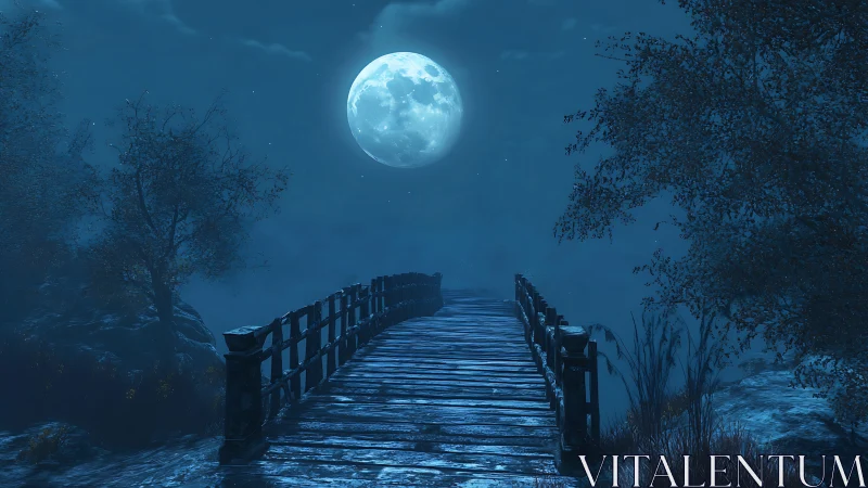 Full moon illuminates a lonely wooden bridge at night.