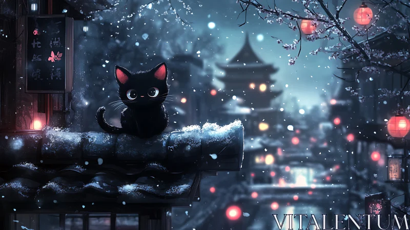 Snowy rooftop kitten gazes over lantern-lit night cityscape.