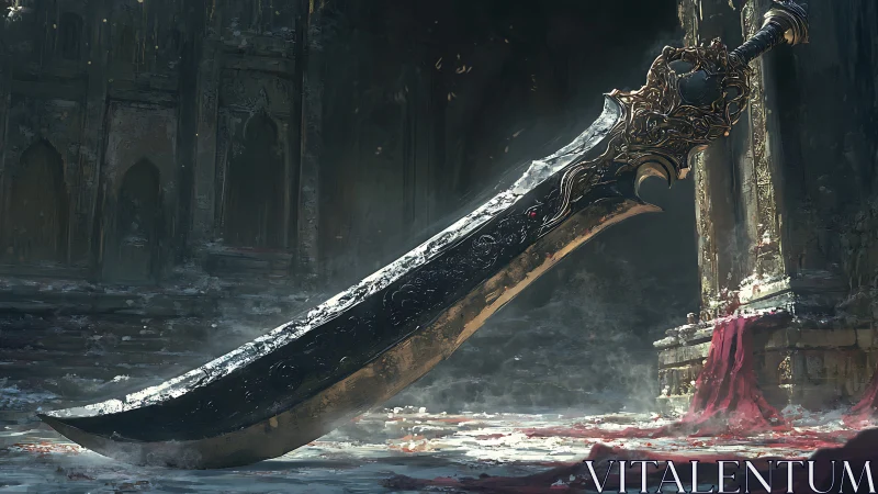 Massive ornate sword rests in decayed architectural interior