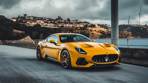 Sunlit yellow supercar prowls a coastal bridge before storm