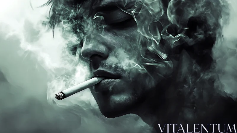 Moody profile of a smoking man dissolving into swirling haze
