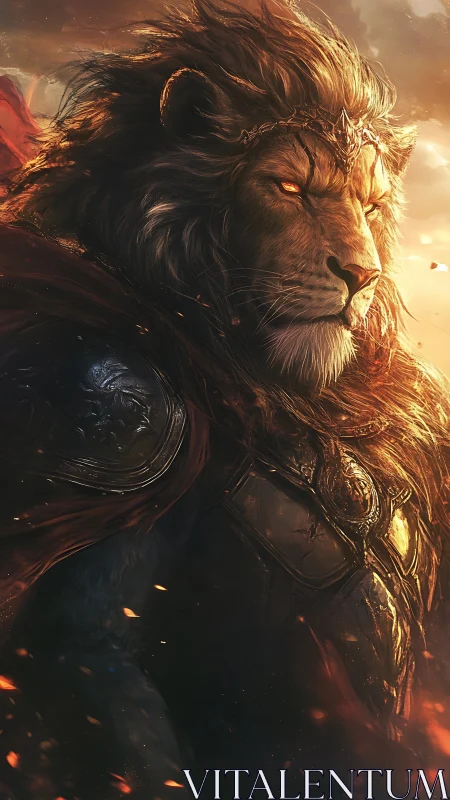 Armored lion king stands in golden embers at dusk