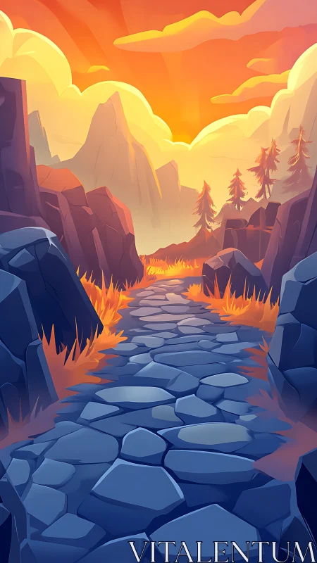 Sunlit stone trail cutting through stylized mountain pass.