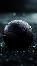 Low-key wet soccer ball with macro water droplets and bokeh lighting