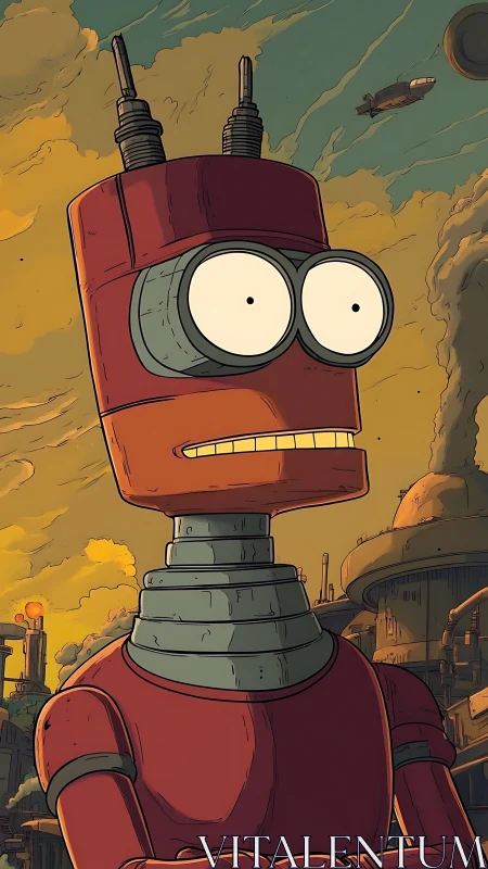 Retro-styled cartoon robot surveys dystopian industrial skyline
