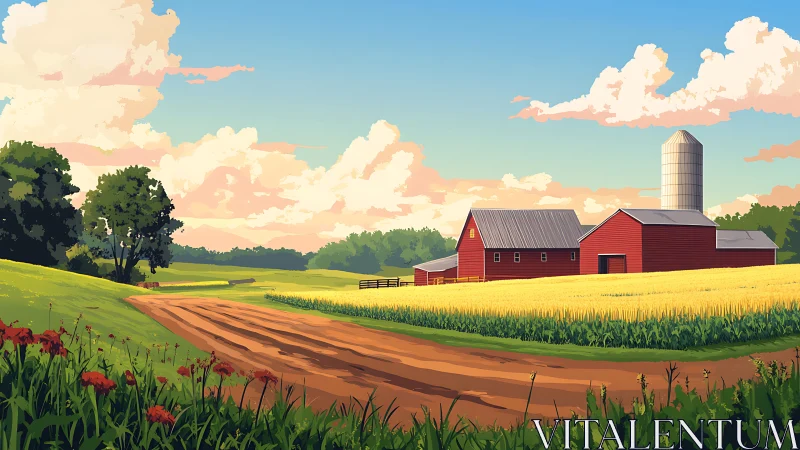 Rural farm landscape with red barns and silo under sky.