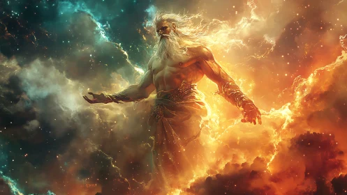 Starborn stormfather strides through molten cosmic clouds.