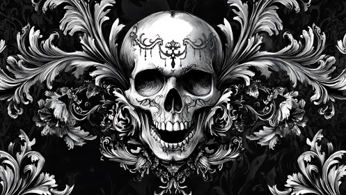 Baroque skull merges with swirling floral ornamentation.