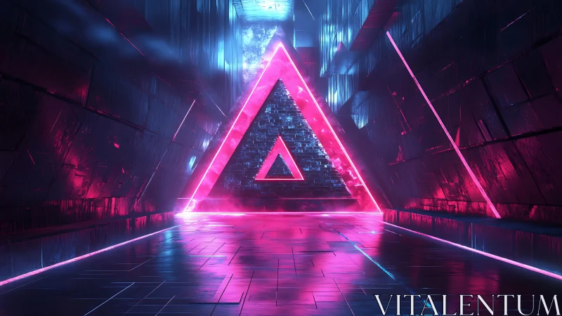 Neon triangular portal in reflective cyber tunnel environment.