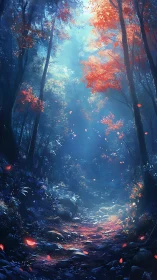 Forest Path with Autumn Foliage and Luminous Particles.