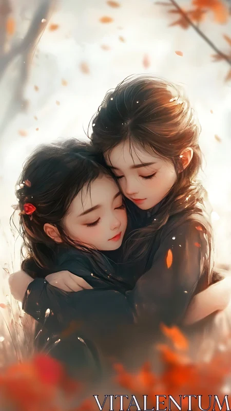 Two Sisters Embrace in Autumn's Golden Glow.