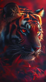 Tiger close-up in red foliage with intense glowing eyes.