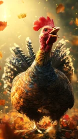 Styled rooster rendered against autumnal foliage backdrop.