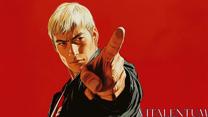 Intense blond man pointing forward over bold red backdrop.