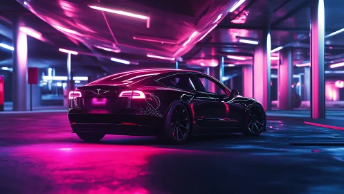 Electric sedan glows under neon magenta parking lights.