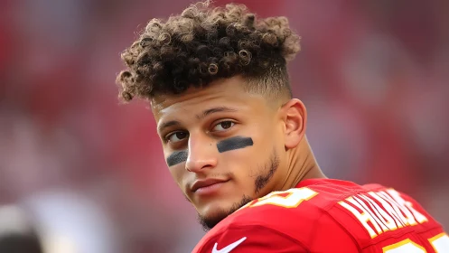 Football player in red jersey looking over shoulder.